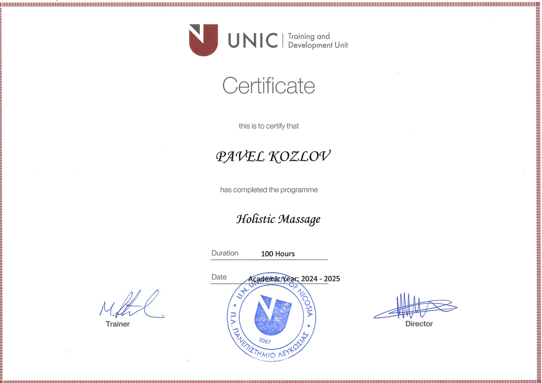 Holistic Massage 100 Hour Diploma UNIC Pavel Kozlov