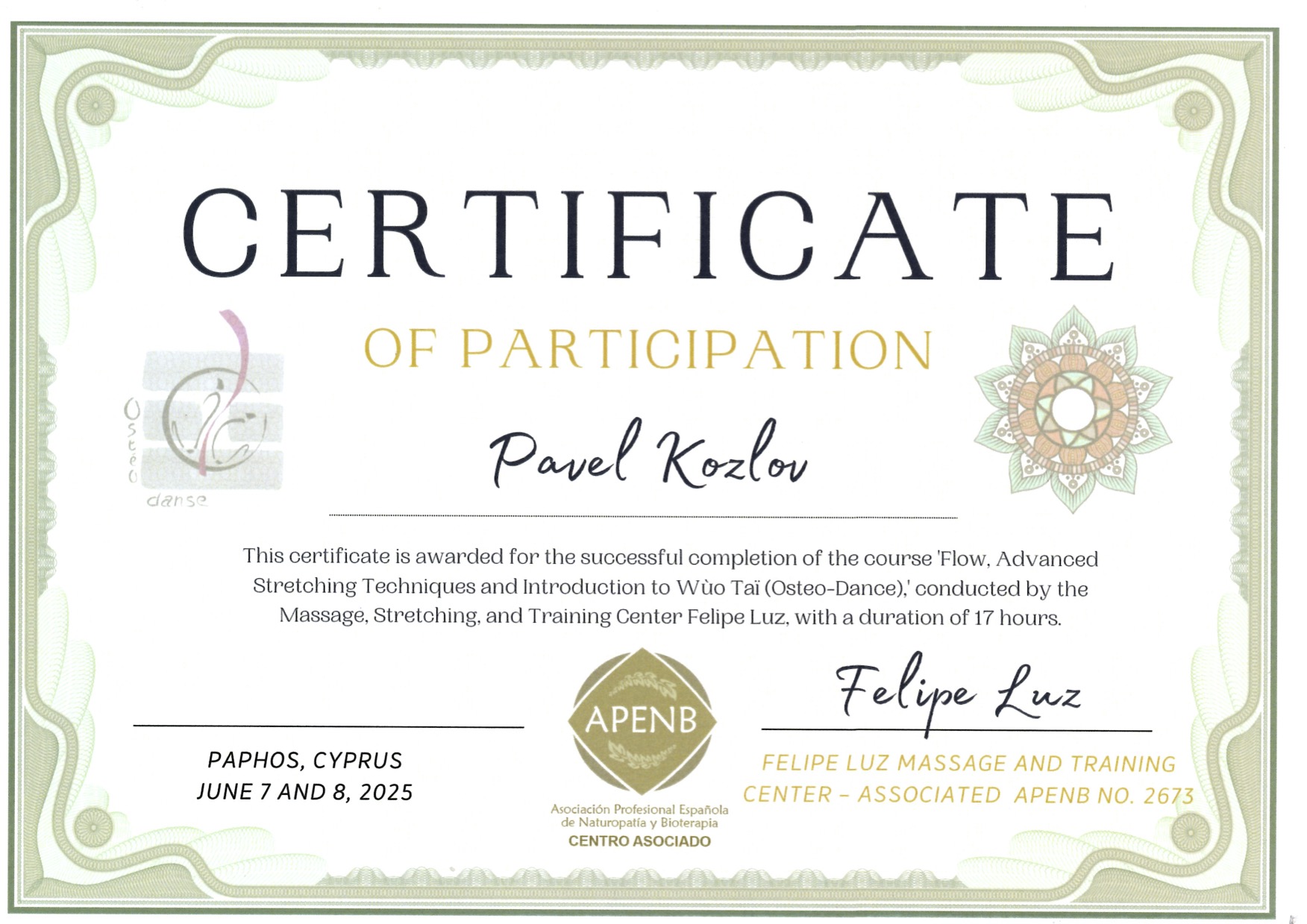 Certificate of Partificpation Wuo Thai Felipe Lus - Pavel Kozlov