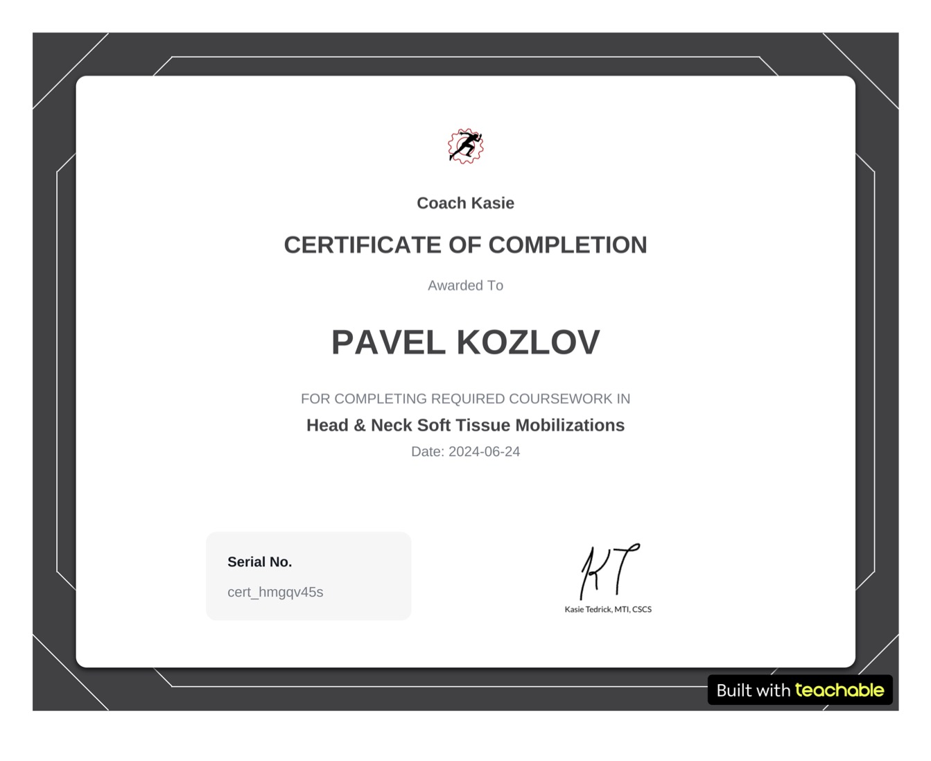 Certificate of Completion for head and Neck Soft Tissue Mobilization Pavel Kozlov