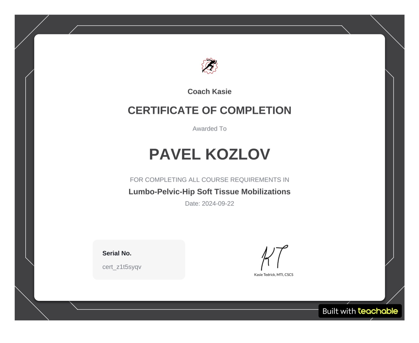Certificate of completion for lumbo pelvic hip soft tissue mobilization - Pavel Kozlov